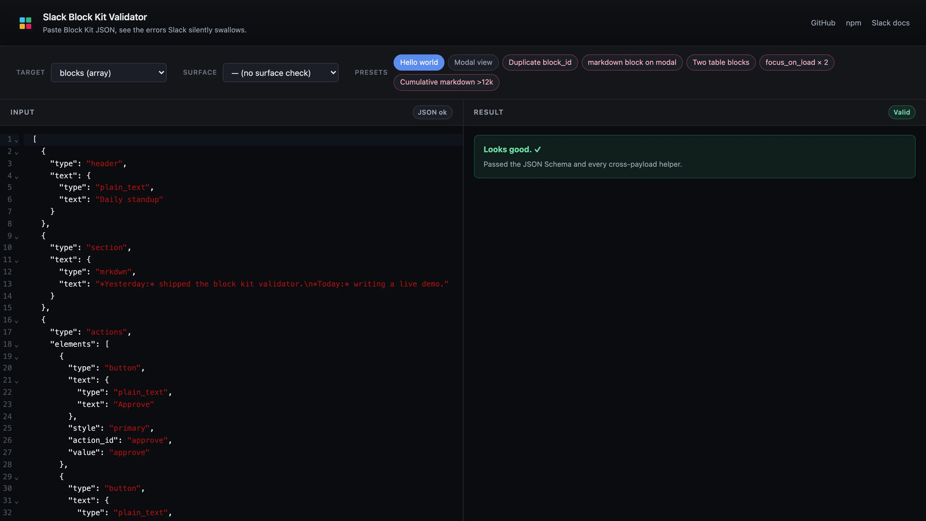 Preview of slack-block-kit-validator running at block-kit-validator.tightknit.dev